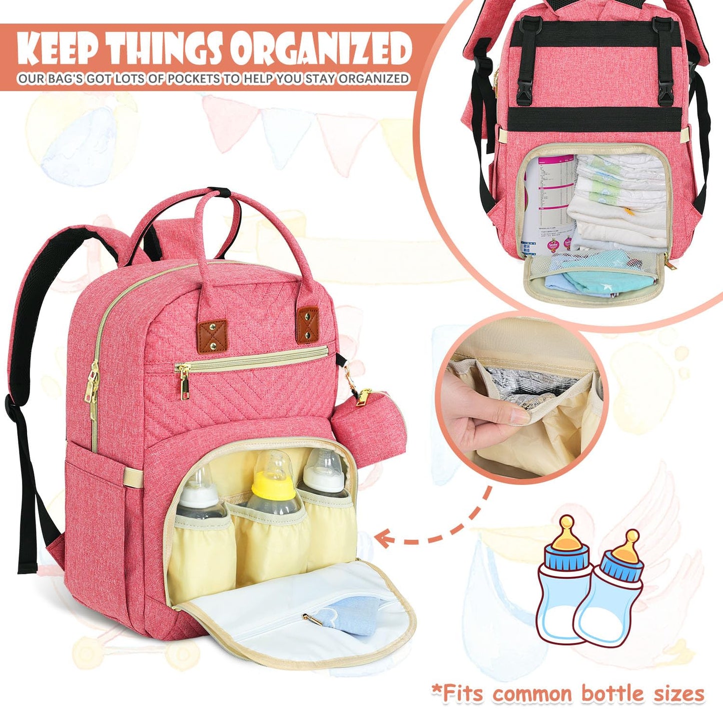 Tenot Baby Diaper Bag Backpack, Travel Diaper Bags For Baby Girl Boy Large Capacity Baby Bag Backpack For Women Pink