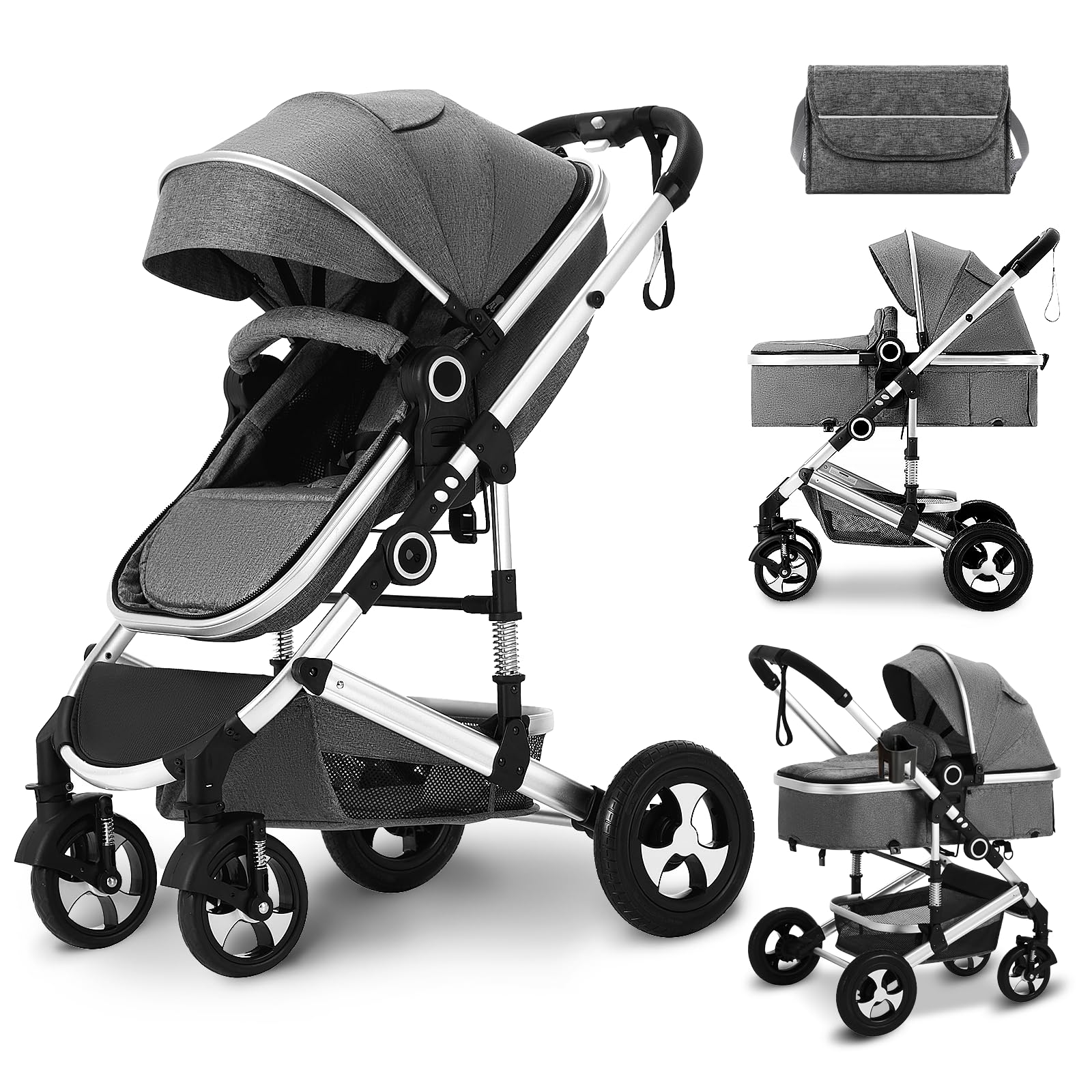 Kinder King 2 in 1 Convertible Baby Stroller, Folding High Landscape Infant Carriage, Newborn Reversible Pram, Diaper Bag, Anti-