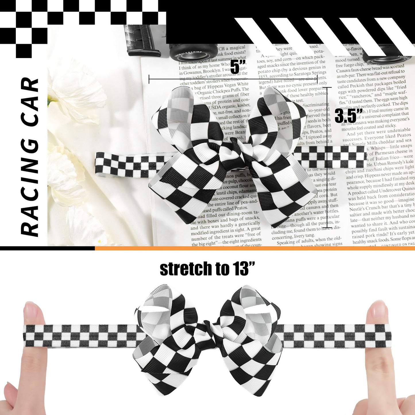 Yanjie 5' Checkered Hair Bow Black And White Bow Racing Checkered Flag Hair Bow Elastic Plaid Bow Headband Hair Accessories For