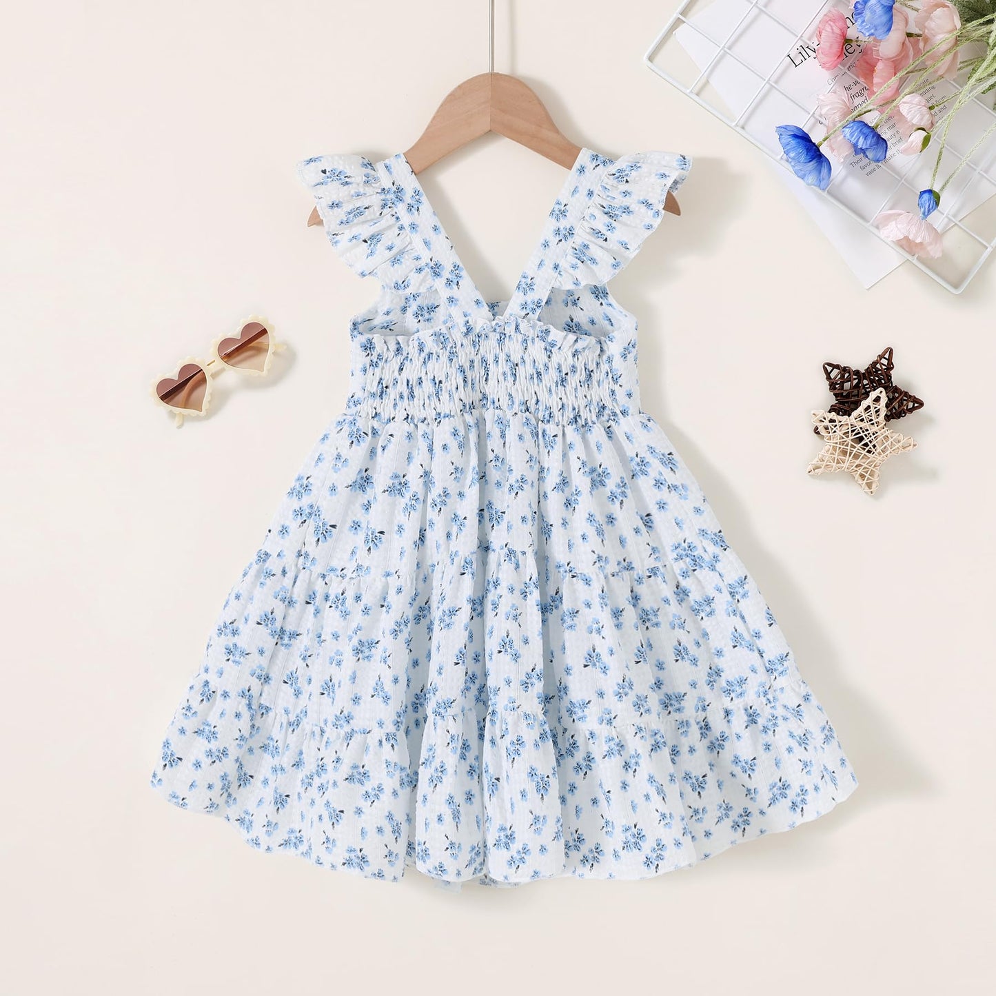Younger Tree Toddler Baby Girl Dress Summer Outfits Flutter Sleeve Smocked Dress Kids Causal Boho Dresses Clothes (6-7T, Elegant