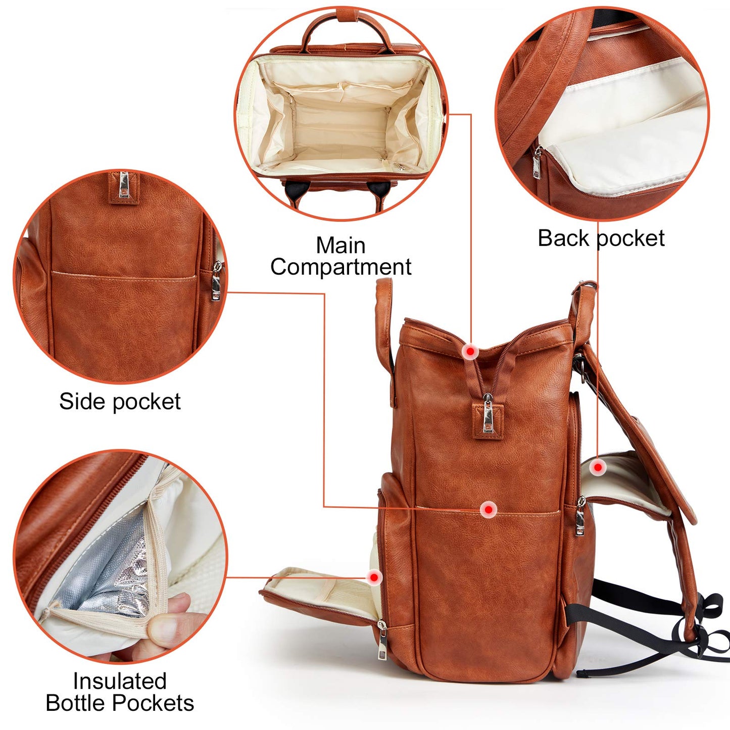 Hahasole Leather Diaper Bag Backpack With Changing Mat Travel Backpack Waterproof&Insulated Large Nappy Bag Stroller Straps, Bro