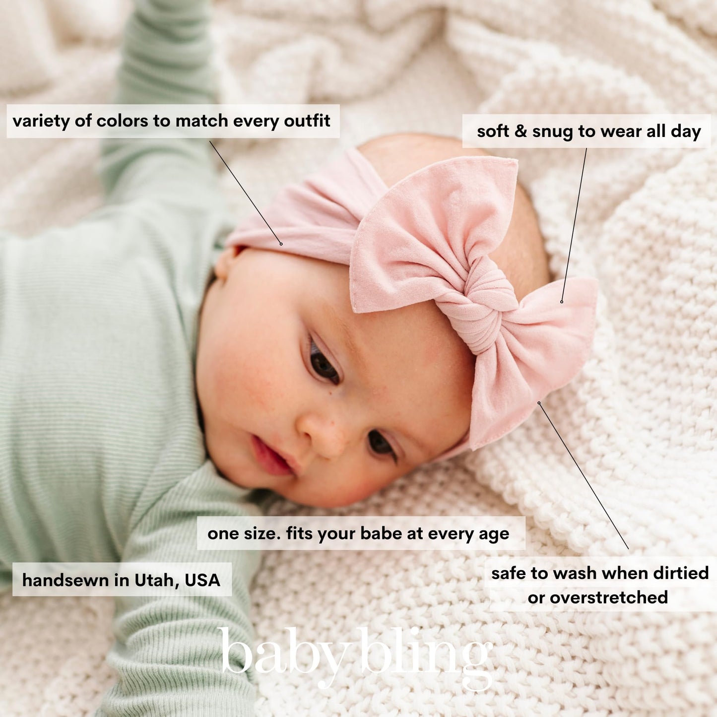 Baby Bling Bows - Newborn To Little Baby Girl Bows, 2 Pack Nylon Super Soft Stretchy Knot Toddler Headbands, Perfect Hair Access