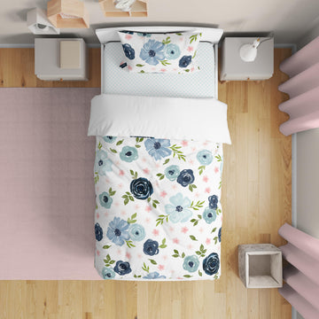 Sweet Jojo Designs Navy Blue And Pink Watercolor Floral Girl Toddler Kid Childrens Comforter Bedding Set - 5 Pieces Comforter, S