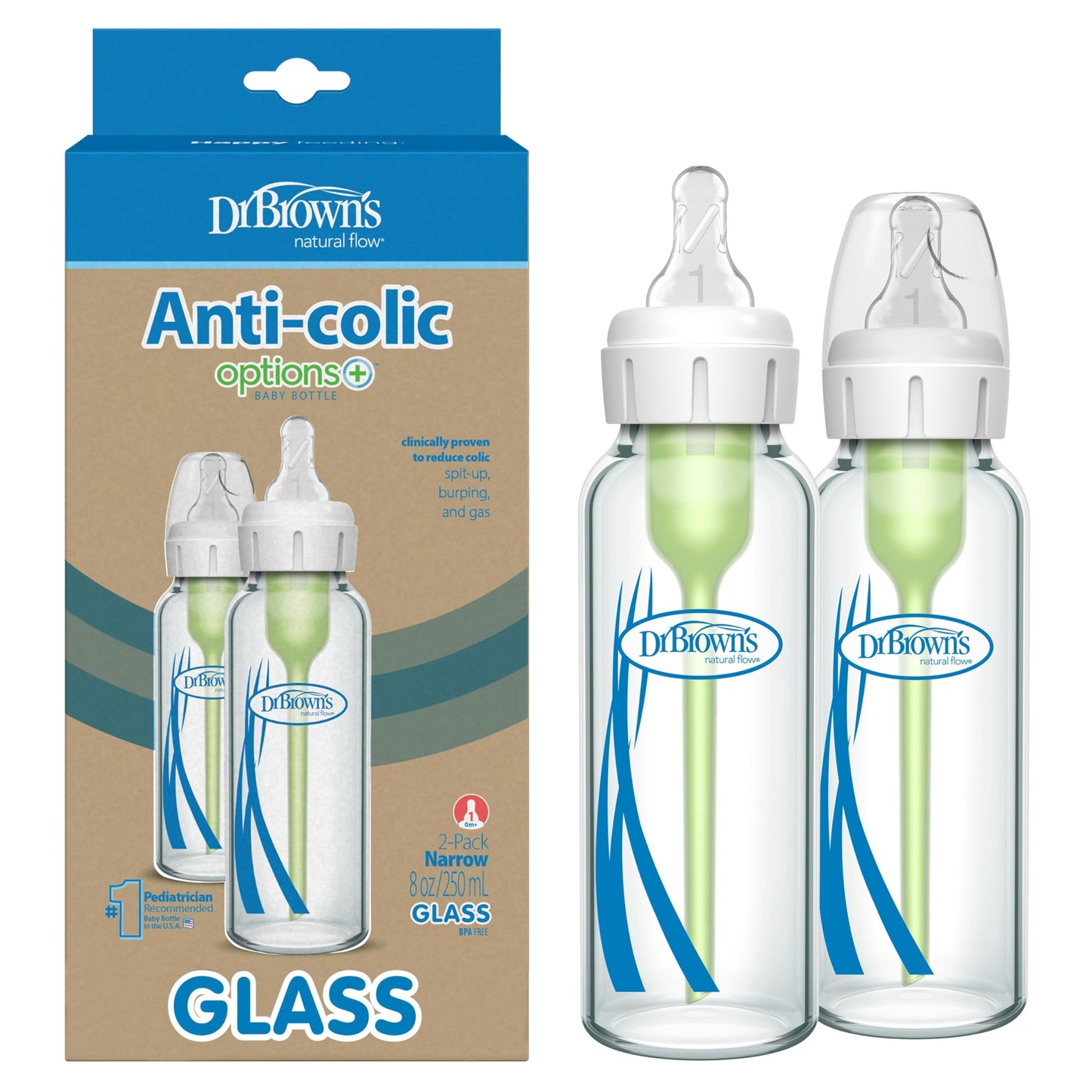 Dr. Brown'S Natural Flow Options+ Narrow Glass Baby Bottles, 8Oz, 2-Pack
