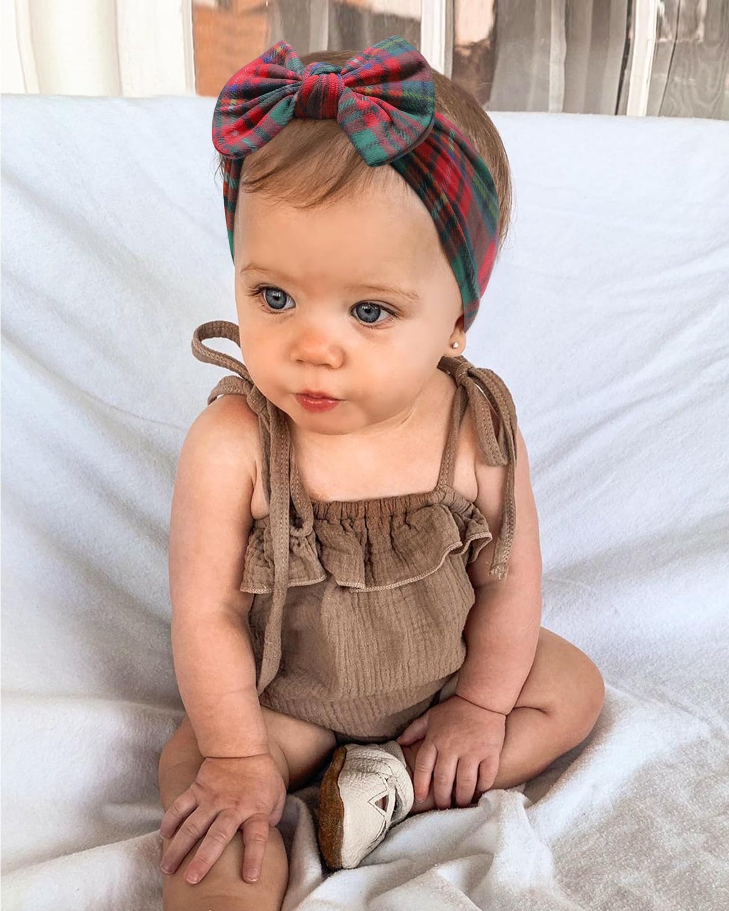 Jollybows 3Pcs Baby Nylon Headbands Hairbands Hair Bow Elastics For Baby Girls Newborn Infant Toddlers Kids (10-White+Green+Plai