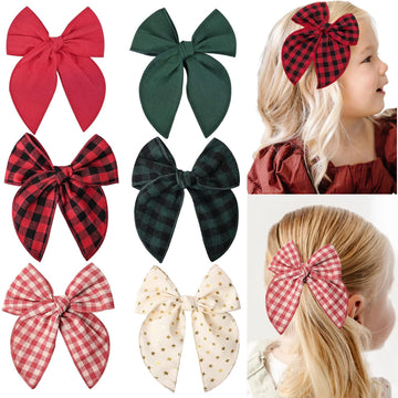6PCS Christmas Hair Bows Linen Fable Bows for Toddlers Girls Handmade Christmas Hair Accessories for Little Girls