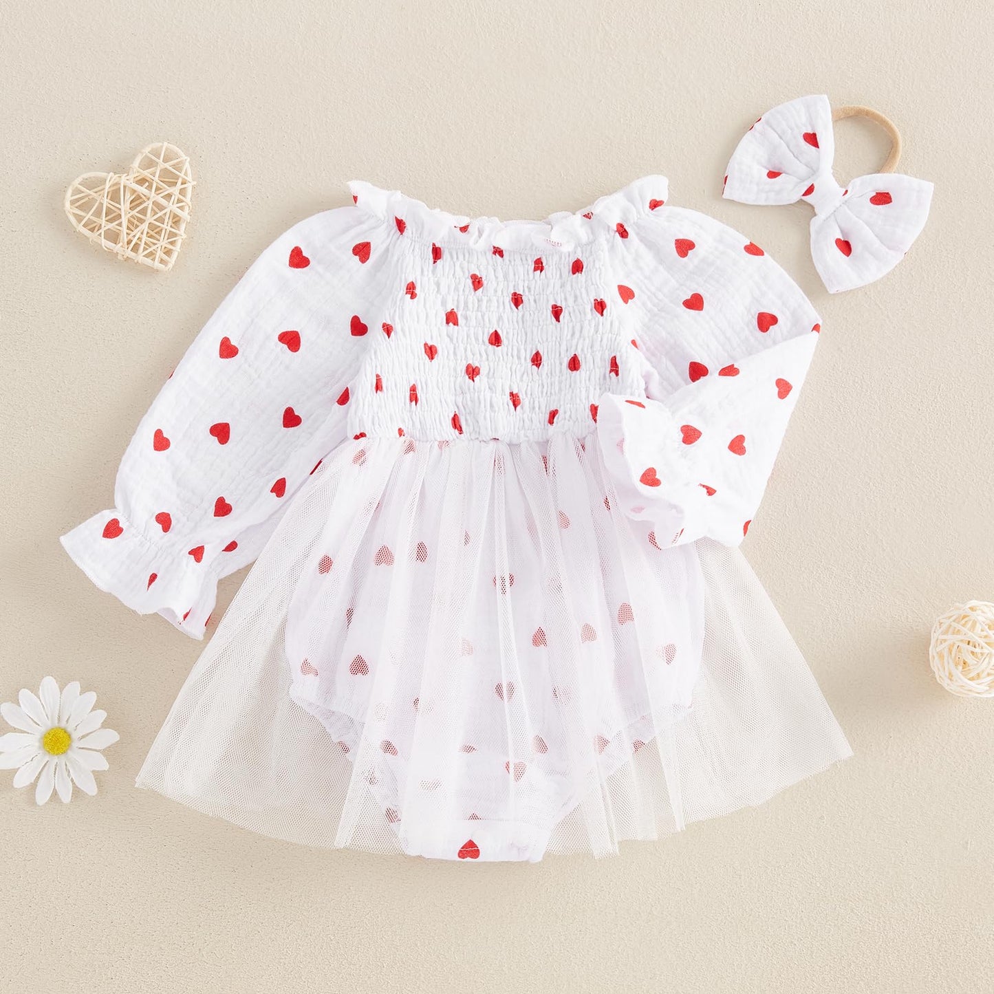 Baby Girl Valentines Day Dress Heart Puff Sleeve Cotton Linen Tulle Romper Dresses Newborn Valentines Outfit (White, 12-18 Month
