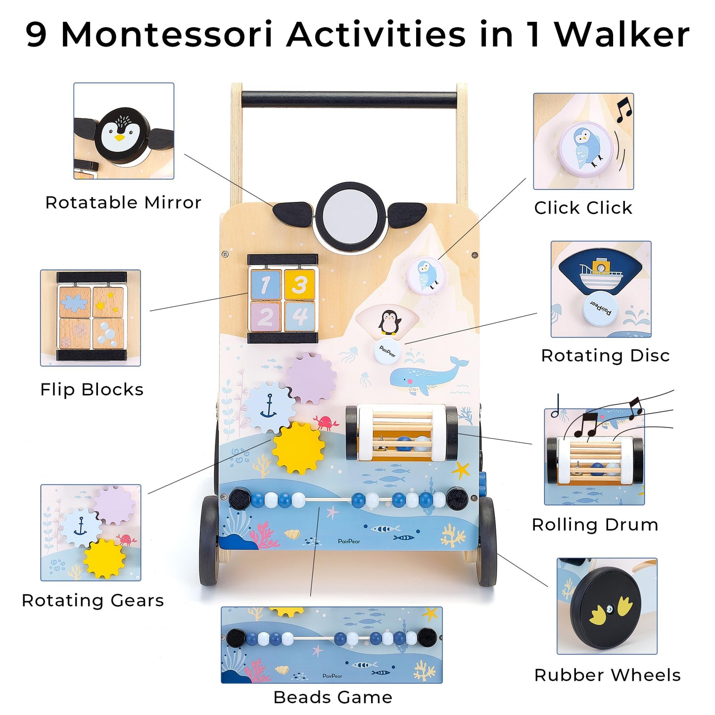PairPear Wooden Baby Walker, Baby Push Walker Activity Center Toys,Montessori Walker Toy with Shape Sorter, Adjustable Speed Act