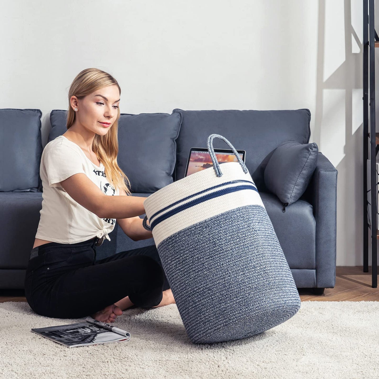 Woven Rope Laundry Hamper Basket by YOUDENOVA, 58L Tall Luandry Basket, Baby Nursery Hamper for Blanket Storage in Bedroom-Large