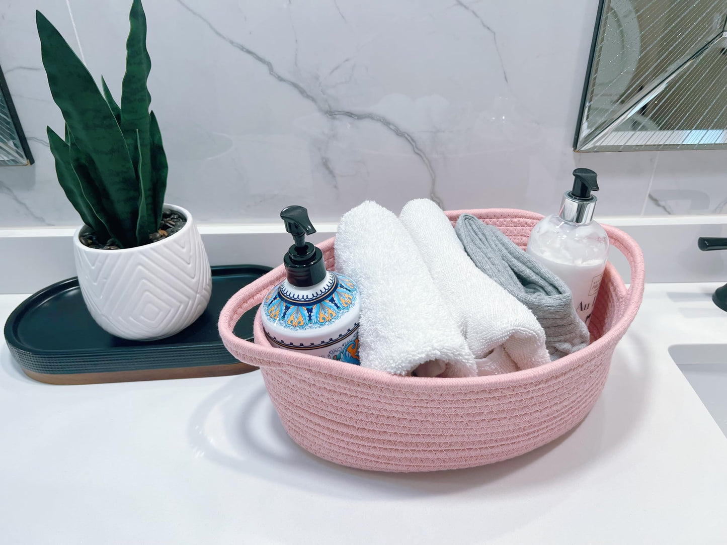 Giftexpress Pink Woven Basket - 13' X 8' X 5' Cotton Rope Organizing Baskets For Baby Items Or Cat & Dog Toys - Cute Soft Gif