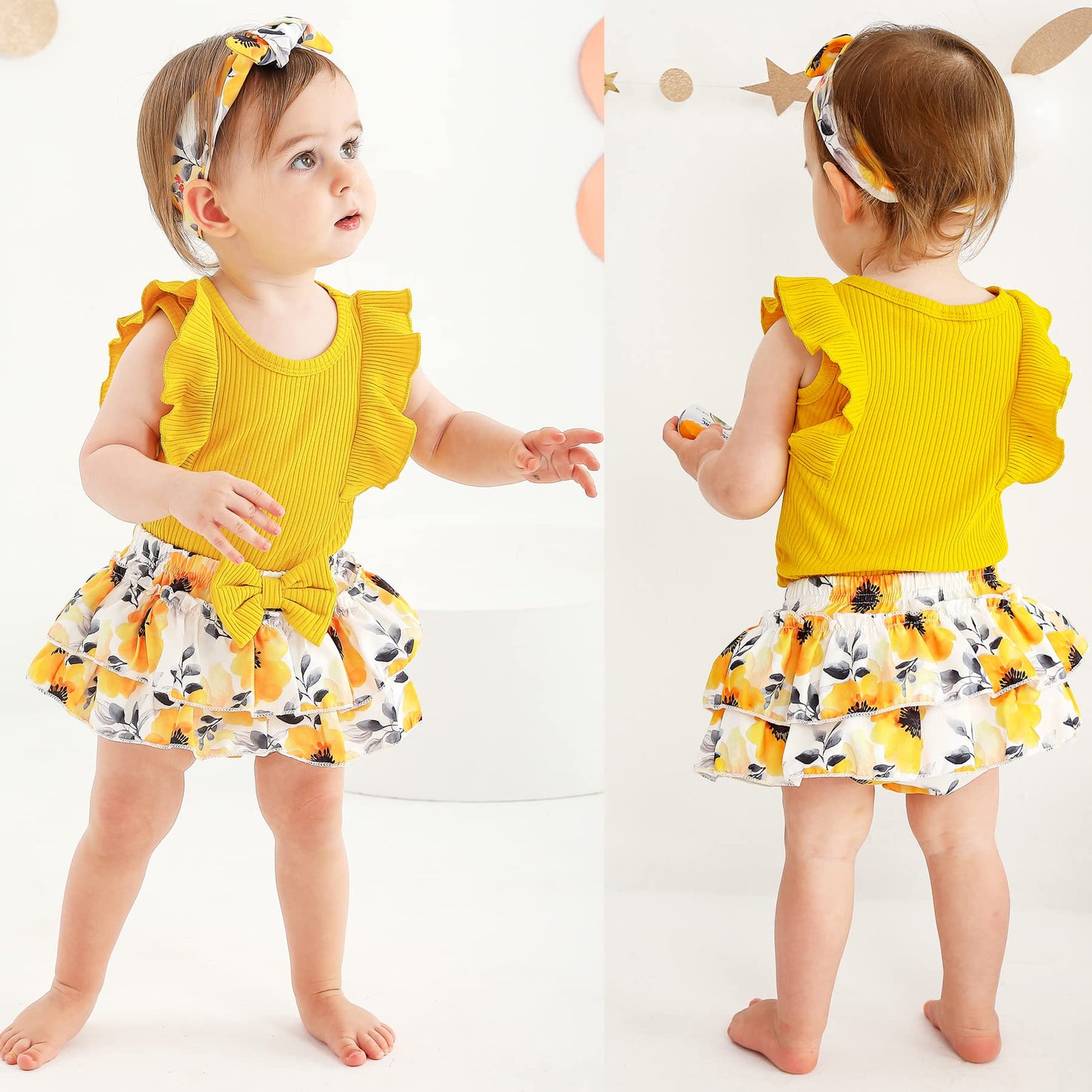 Tiny Cutey Baby Girl Clothes Infant Summer Outfits Set Ruffle Sleeve Romper And Floral Shorts With Headband (Yellow Romper And R