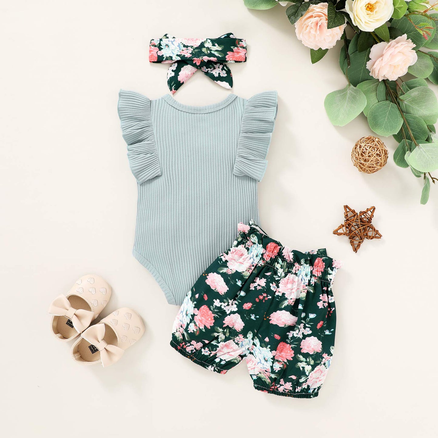Tiny Cutey Baby Girl Clothes Infant Summer Outfits Set Ruffle Sleeve Romper And Floral Shorts With Headband (Sleeveless Blue, 10