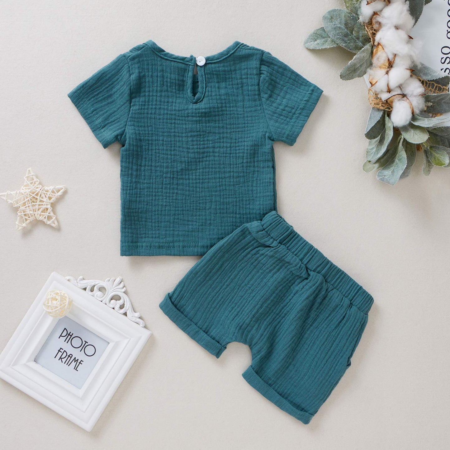 Fhutpw Baby Boys 2Pcs Summer Outfits Short Sleeve T-Shirt Tops Elastic Waistband Shorts Set Toddler Clothes (Linen Dark Blue, 2-