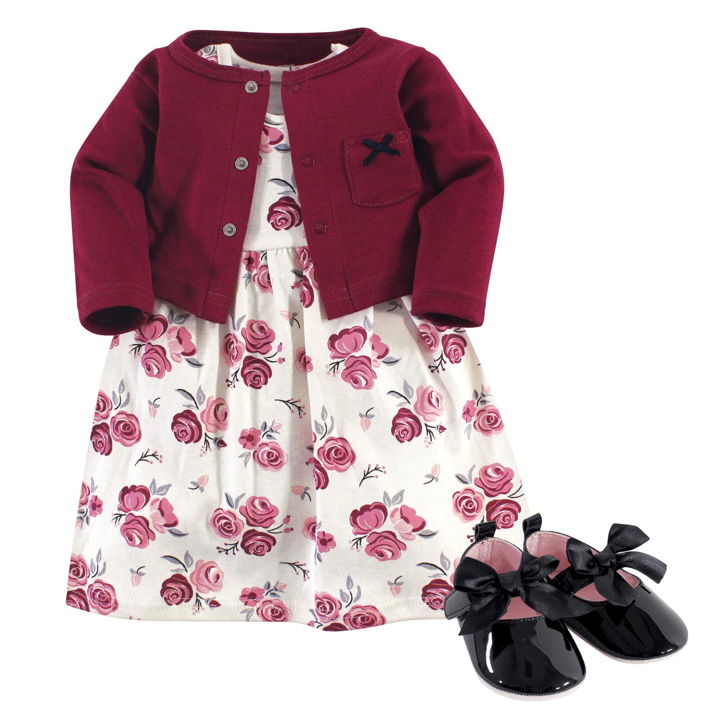 Hudson Baby Baby Girl Cotton Dress, Cardigan And Shoe Set, Rose, 0-3 Months