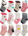 Rative Non Skid Anti Slip Cotton Dress Crew Socks With Grips For Baby Infant Toddler Kids Girls (6-12 Months, 12-Pairs/Rg-93X)