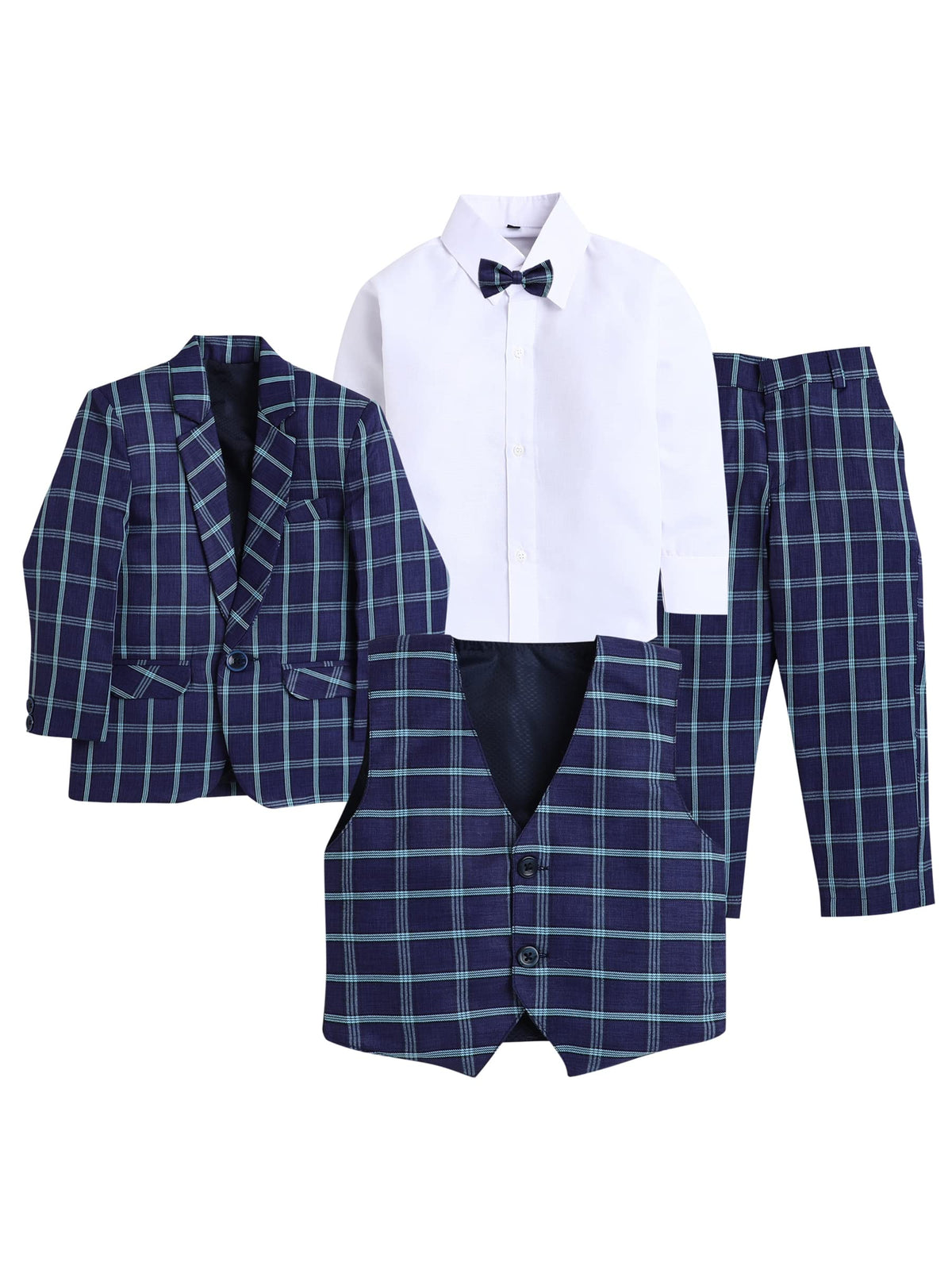 Jeetethnics Boys Navy Blue Checked Coat Suit Set With Waistcoat Shirt And Trousers (9083Bh)