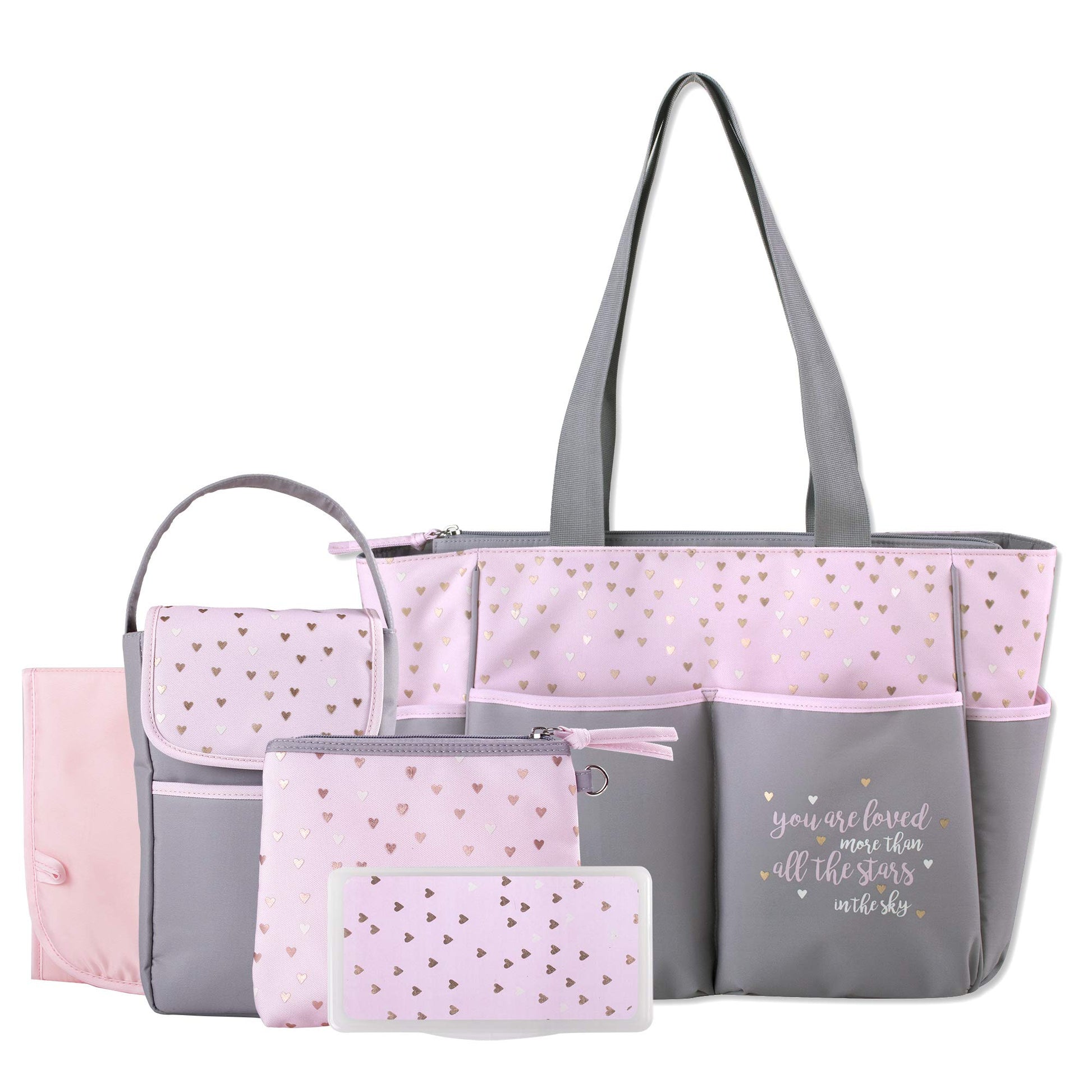 Diaper Bag Tote 5 Piece Set With Sun, Moon, And Stars, Wipes Pocket, Dirty Diaper Pouch, Changing Pad (Grey/Pink)