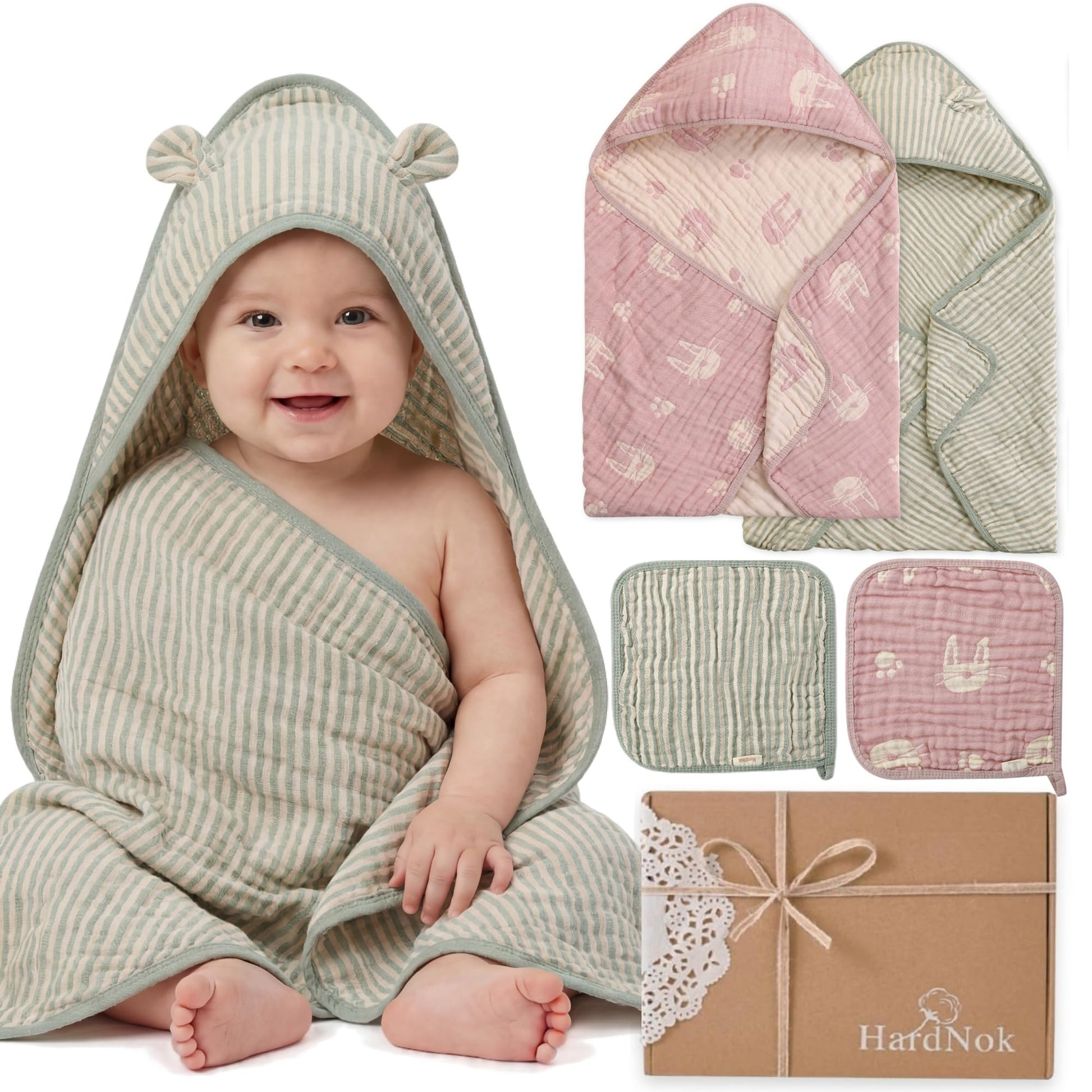 HardNok 4-Piece Muslin Baby Towel Set - Made with Organic Cotton, (2) 6-Layer Bath Towels 32x32 & (2) Washcloths, Absorbent Bath
