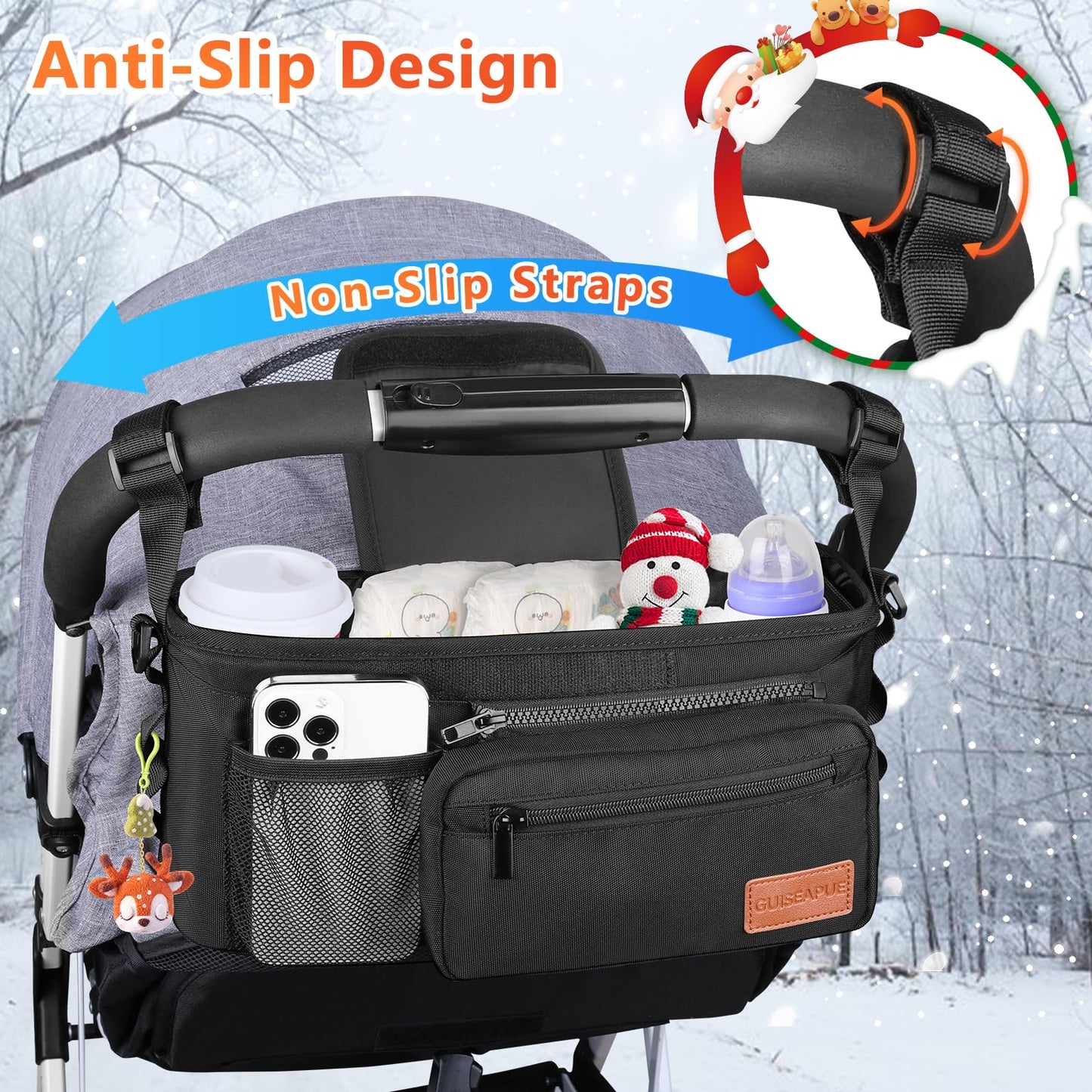 Guiseapue Universal Stroller Organizer With Cup Holder Detachable Phone Bag And Shoulder Strap, Stroller Caddy Fits For Stroller