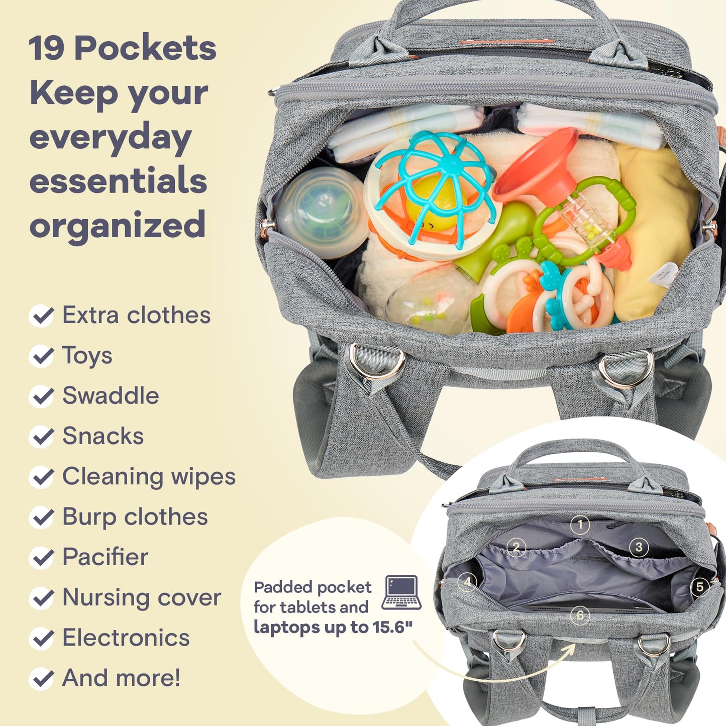 Ruvalino Diaper Bag Backpack, Multifunction Travel Pack Maternity Baby Changing Bags, Large Capacity, Waterproof, Gray