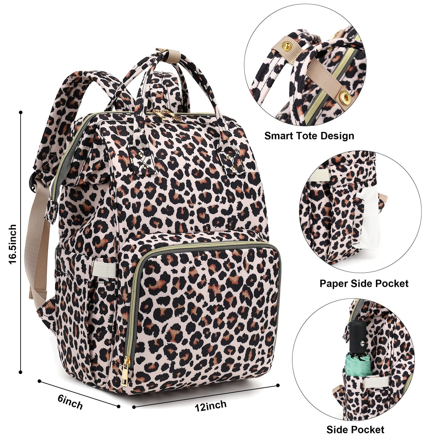 Xunteny Leopard Baby Diaper Bag Backpack For Girls Boys, Waterproof Large Maternity Nappy Bags For Mom