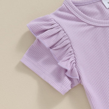 Kupretty Toddlers Baby Girls Summer Clothes Set Ruffle Ribbed Knit Short Sleeves T-Shirt Tops Shorts Comfy Outfits (A Purple, 18