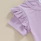 Kupretty Toddlers Baby Girls Summer Clothes Set Ruffle Ribbed Knit Short Sleeves T-Shirt Tops Shorts Comfy Outfits (A Purple, 6-