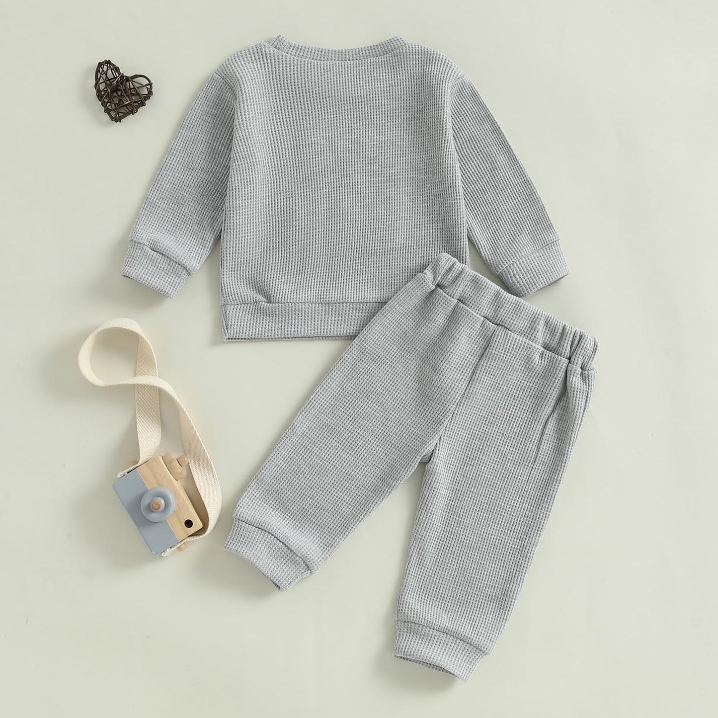 Nibbcoa Toddler Baby Boy Valentines Day Outfit Love Embroidery Waffle Knit Sweatshirt Pants Set Cute Spring Fall Clothes (Gray,
