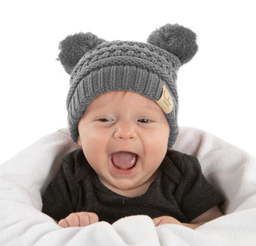 Funky Junque Exclusives Double Pom Pom Baby Hat, Baby Girl Winter Knit Beanie For Infants, Heather Grey
