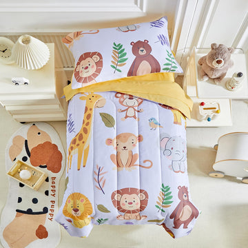 Joyreap 4 Piece Toddler Bedding Set- Cartoon Zoo Theme Animals Purple Design, Microfiber Toddler Bedding Comforter Set For Kids