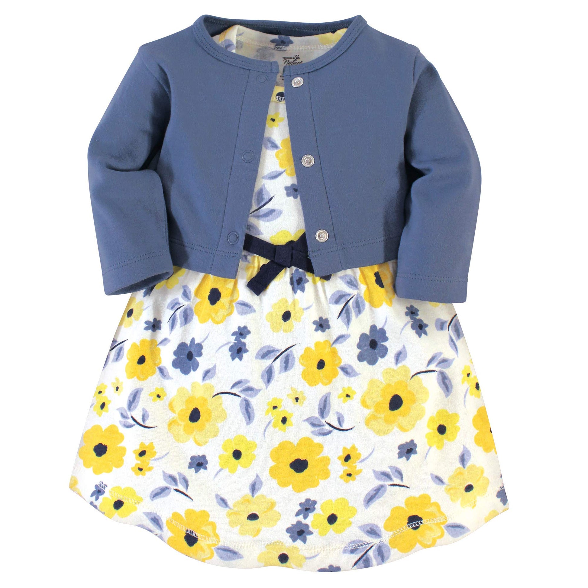 Touched By Nature Baby Girls' Organic Cotton Dress And Cardigan, Yellow Garden, 9-12 Months