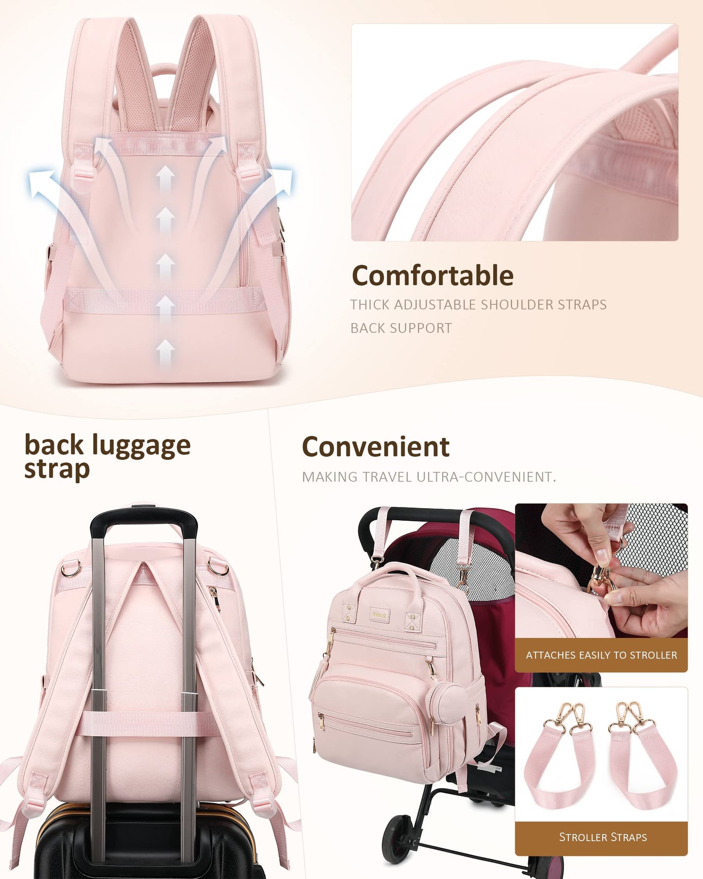 Rosegin Leather Baby Diaper Bag Backpack With Portable Travel Changing Pad Girl Boy, Large Dad Pink Diaper Bags Pacifier Case St
