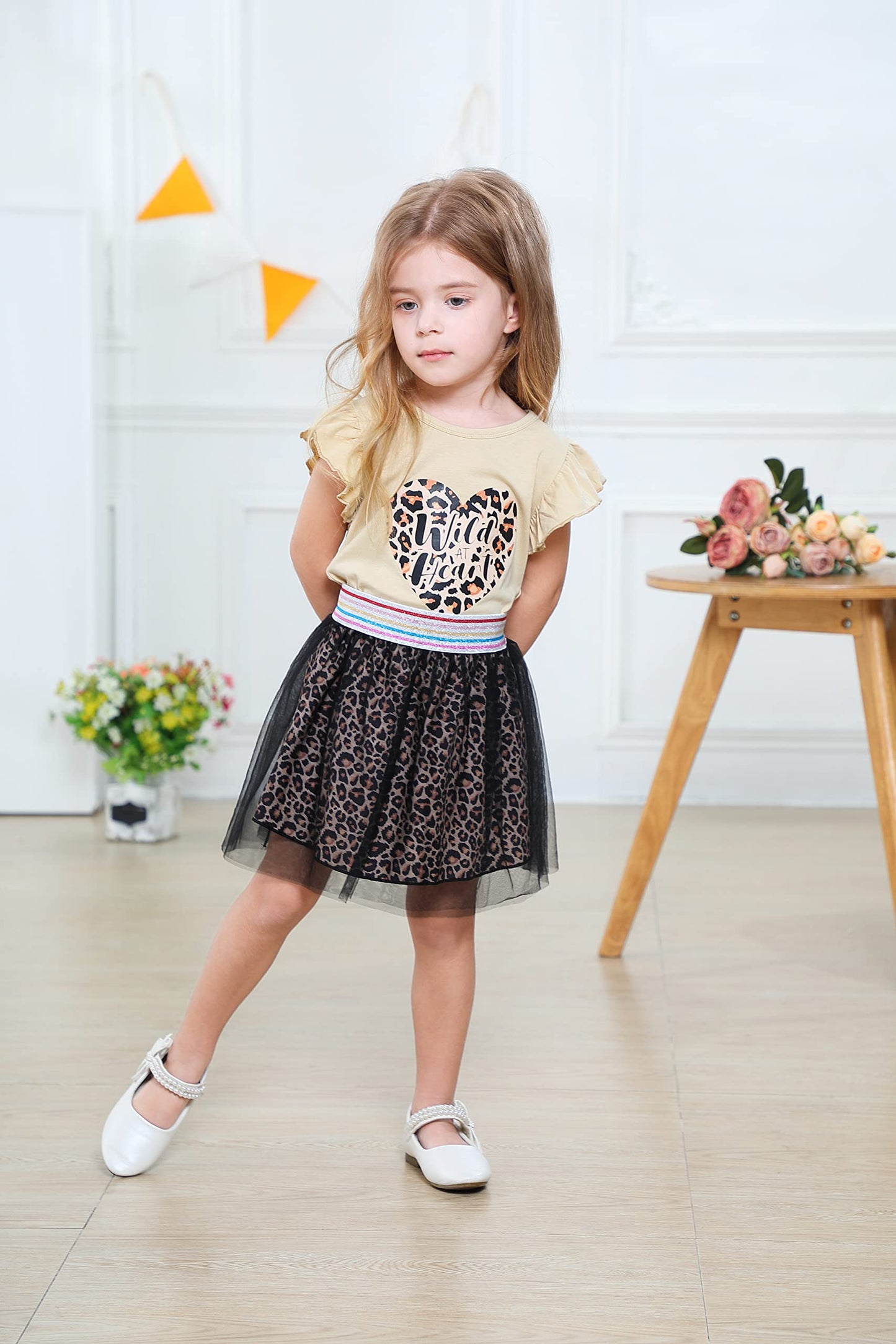 Retsugo Toddler Girl Heart Skirt Set Flutter Sleeve Heart Print Shirt Leopard Dresses Tulle Tutu Dress Kids Valentines Day Outfi