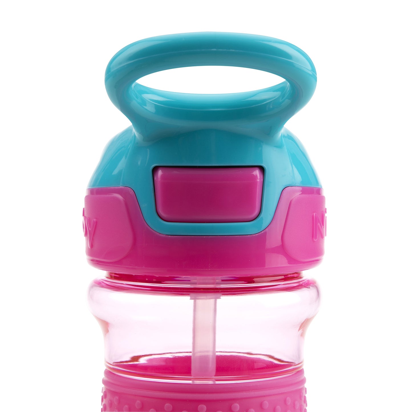 Nuby Thirsty Kids Push Button Flip-It Soft Spout On The Go Water Bottle With Easy Grip Band, Pink Rainbows, 12 Ounce