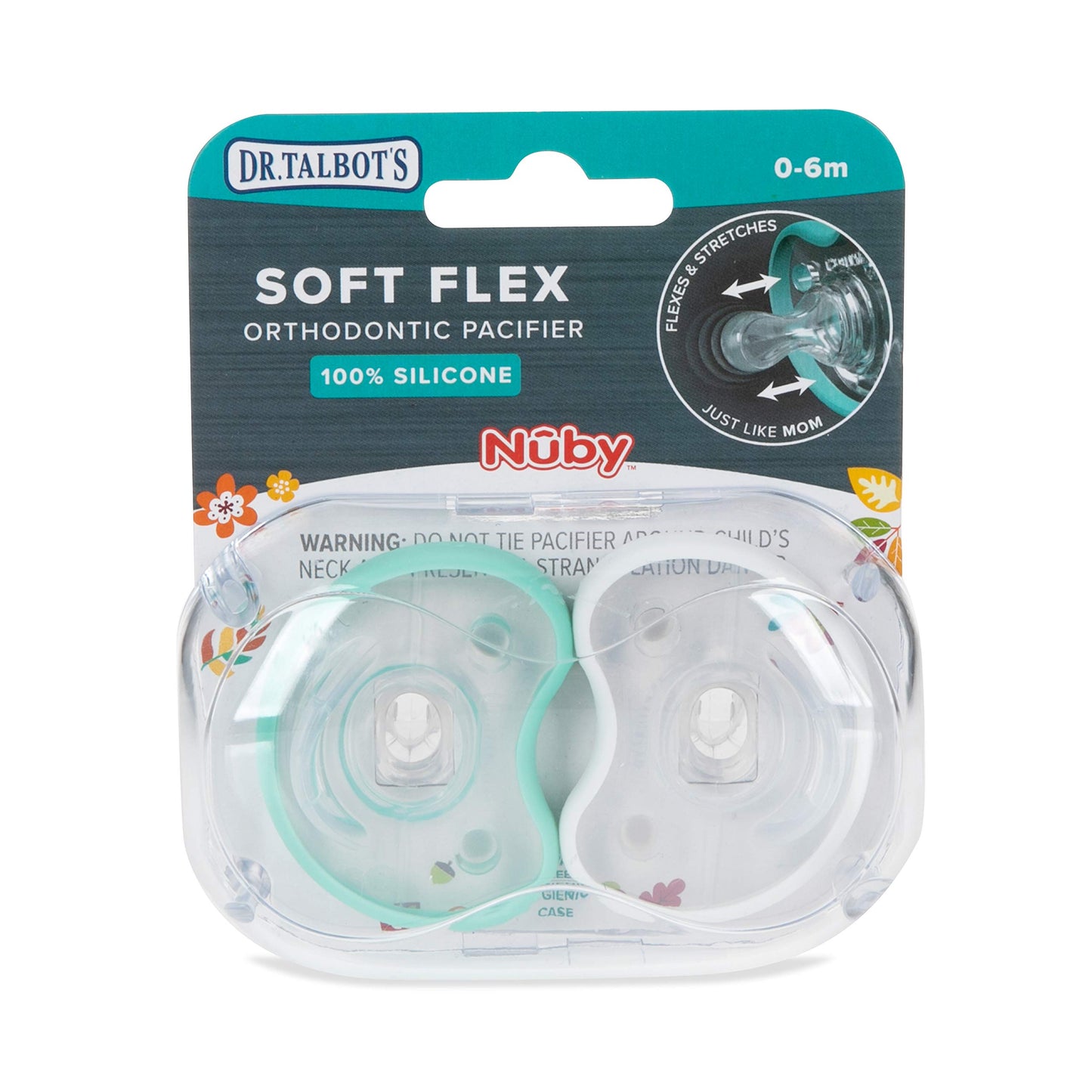 Dr. Talbot'S Soft-Flex Orthodontic Pacifiers 0-6 Months, Aqua/White, 2 Pack