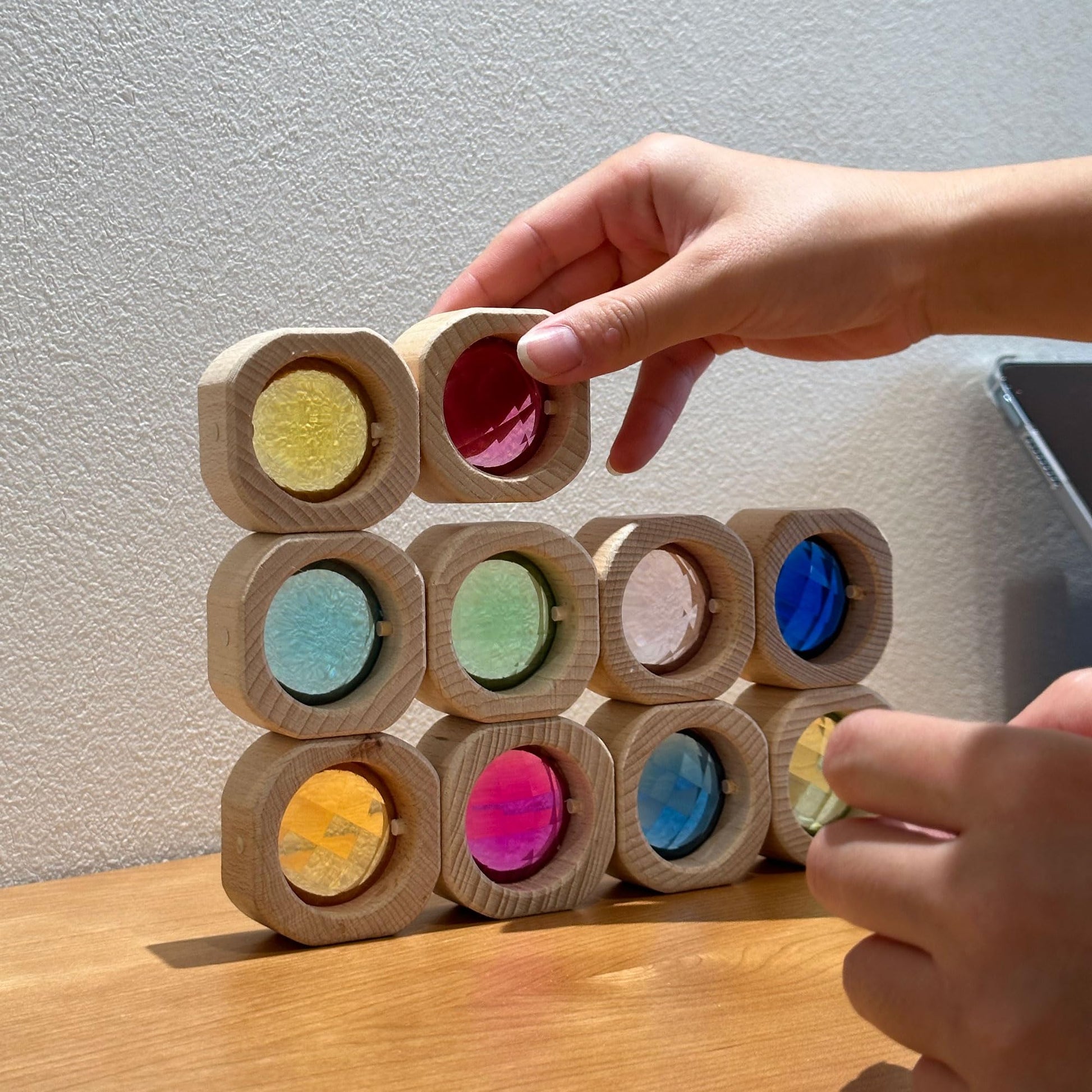 KOAICS 20PCS Wooden Gem Blocks Stacking Toys,Colorful Acrylic Windows Blocks, Rainbow Crystal Acrylic Building Cubes Educational