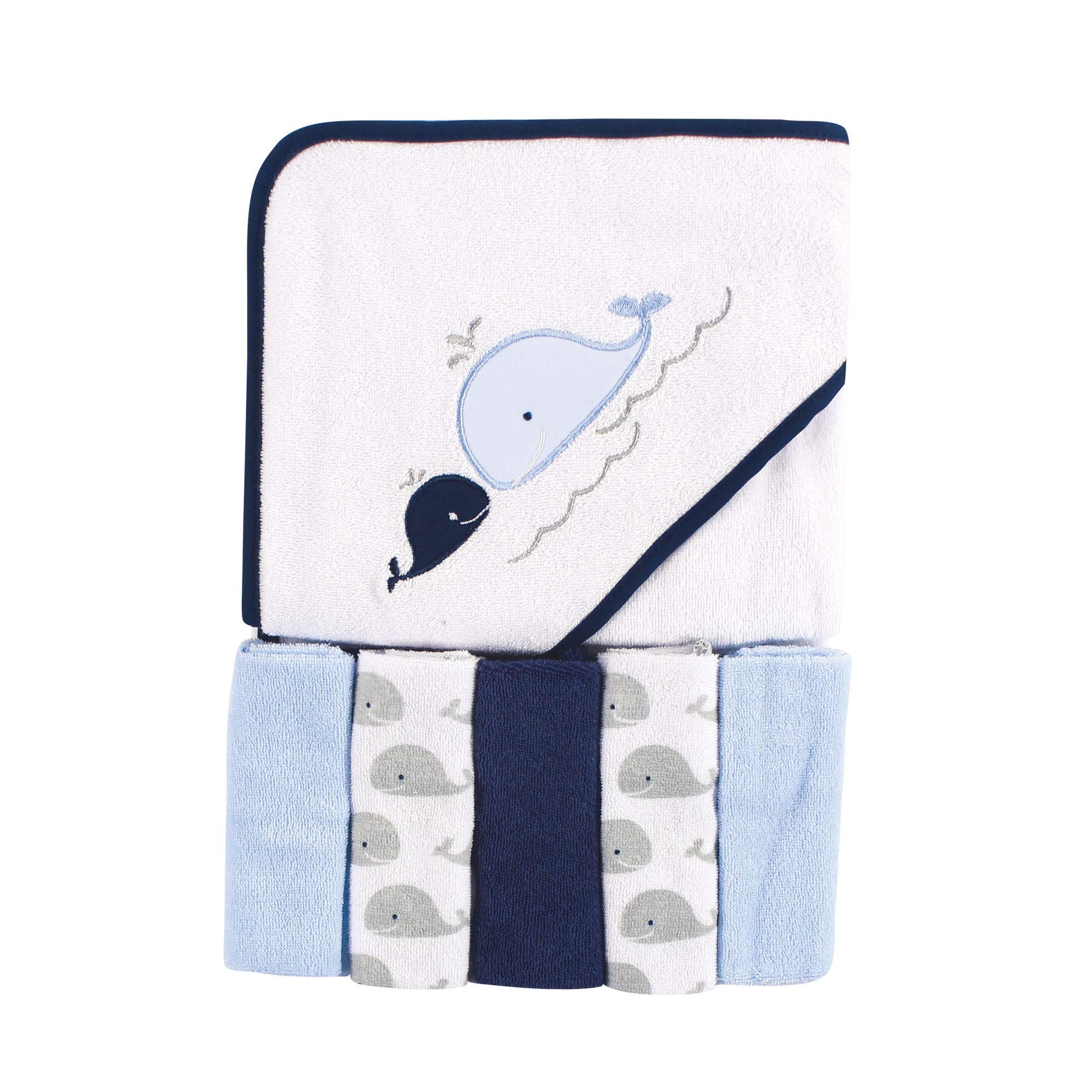 Luvable Friends Unisex Baby Hooded Towel With Five Washcloths, Whale, One Size