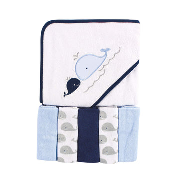 Luvable Friends Unisex Baby Hooded Towel With Five Washcloths, Whale, One Size