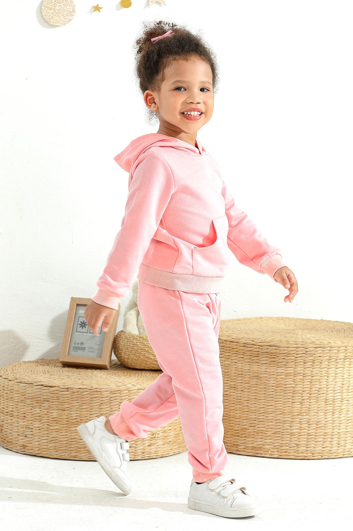 Happy Town Toddler Fall Outfits For Girl Boy Long Sleeve Hoodie Top And Long Sweatpants Set Toddler Sweatsuit (Solid Color-Pink,