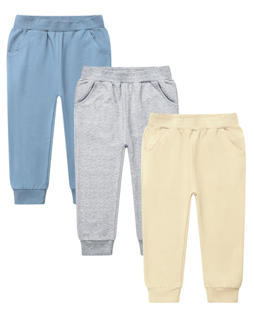 Gfqlong Toddler Boys 3 Pack Cotton Active Jogger Sweatpants,Kids Casual Athletic Solid Pocket Pull On Pants,Beige+ Grey+ Water B