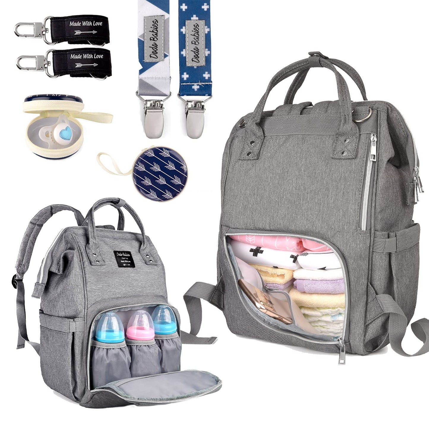 Dodo Babies Diaper Bag Backpack Set - Insulated & Waterproof Pockets - Plus Two Pacifier Clips, Binky Case & Stroller Straps (Bl