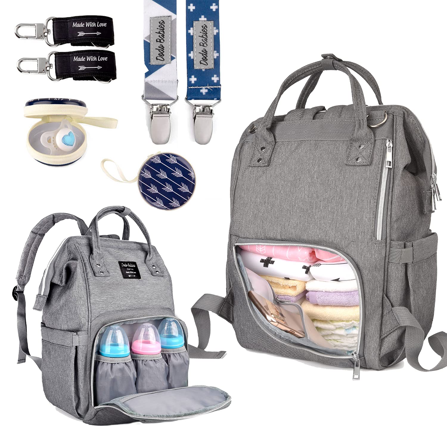 Dodo Babies Diaper Bag Backpack Set - Insulated & Waterproof Pockets - Plus Two Pacifier Clips, Binky Case & Stroller Straps (Bl