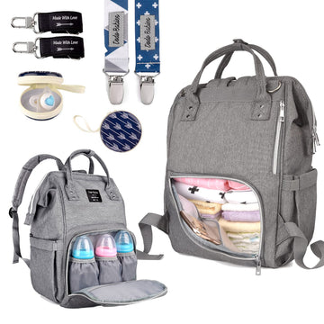 Dodo Babies Diaper Bag Backpack Set - Insulated & Waterproof Pockets - Plus Two Pacifier Clips, Binky Case & Stroller Straps (Bl