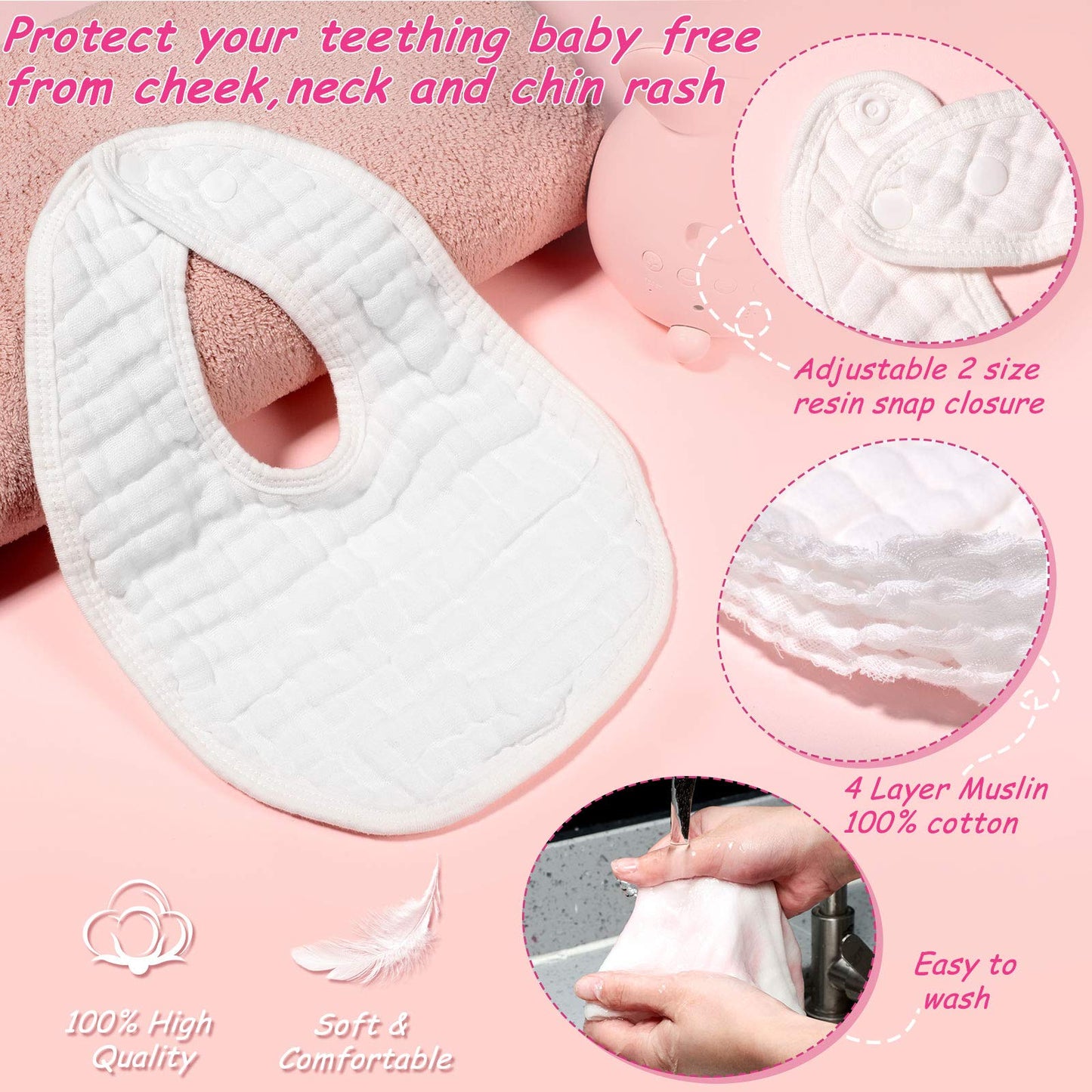 Tatuo 10 Pieces Muslin Baby Bibs Cotton Burping Cloth Bulk Adjustable Newborn Bandana Drool Bibs For Baby Boy Girl(White)