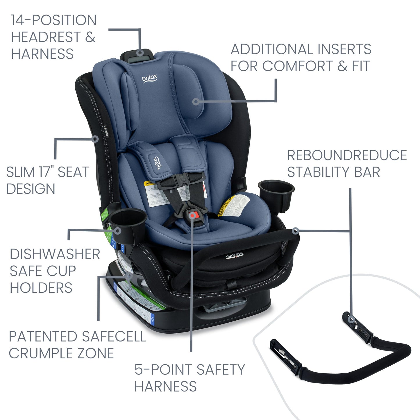 Britax Poplar S Convertible Car Seat, 2-In-1 Car Seat With Slim 17-Inch Design, Clicktight Technology, Arctic Onyx