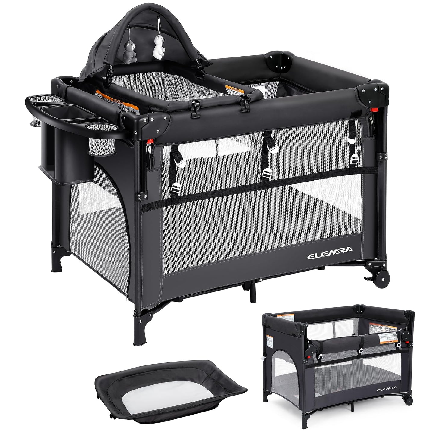 ELEMARA 5 in 1 Pack n Play,Adjustable Baby Bassinets Bedside Sleeper with Mattress,1-Step Opening Foldable Nursery-Center Toddle