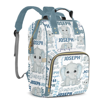 Perarts Elephant Personalized Diaper Bag Backpack for Baby Boy with Name, Green Custom Nappy Nursing Bag for Moms Dads, Customiz
