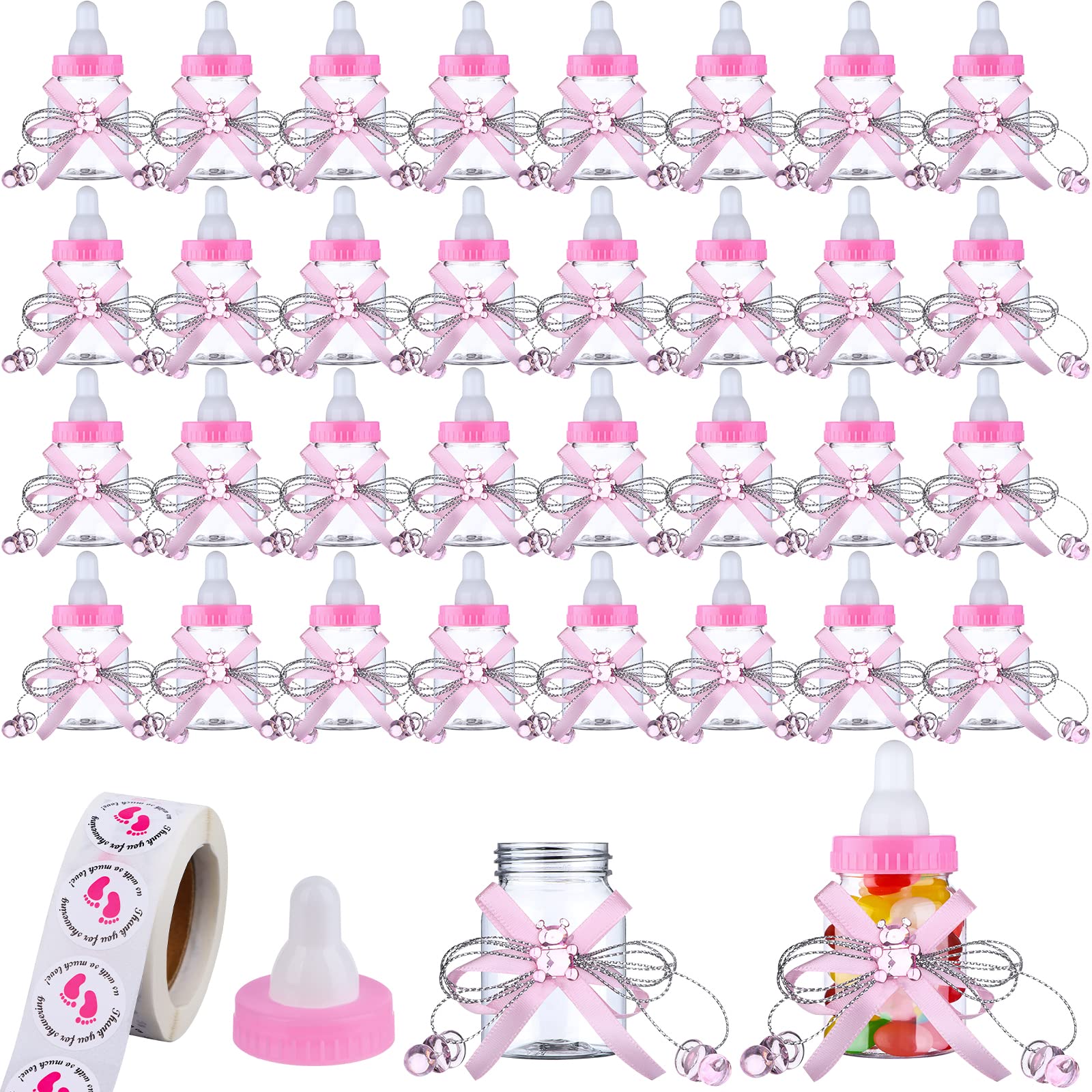 62 Pcs 3.5 Inch Baby Mini Milk Bottle Baby Shower Favor With 500 Adhesive Thank You For Showering Stickers, Small Plastic Bear C