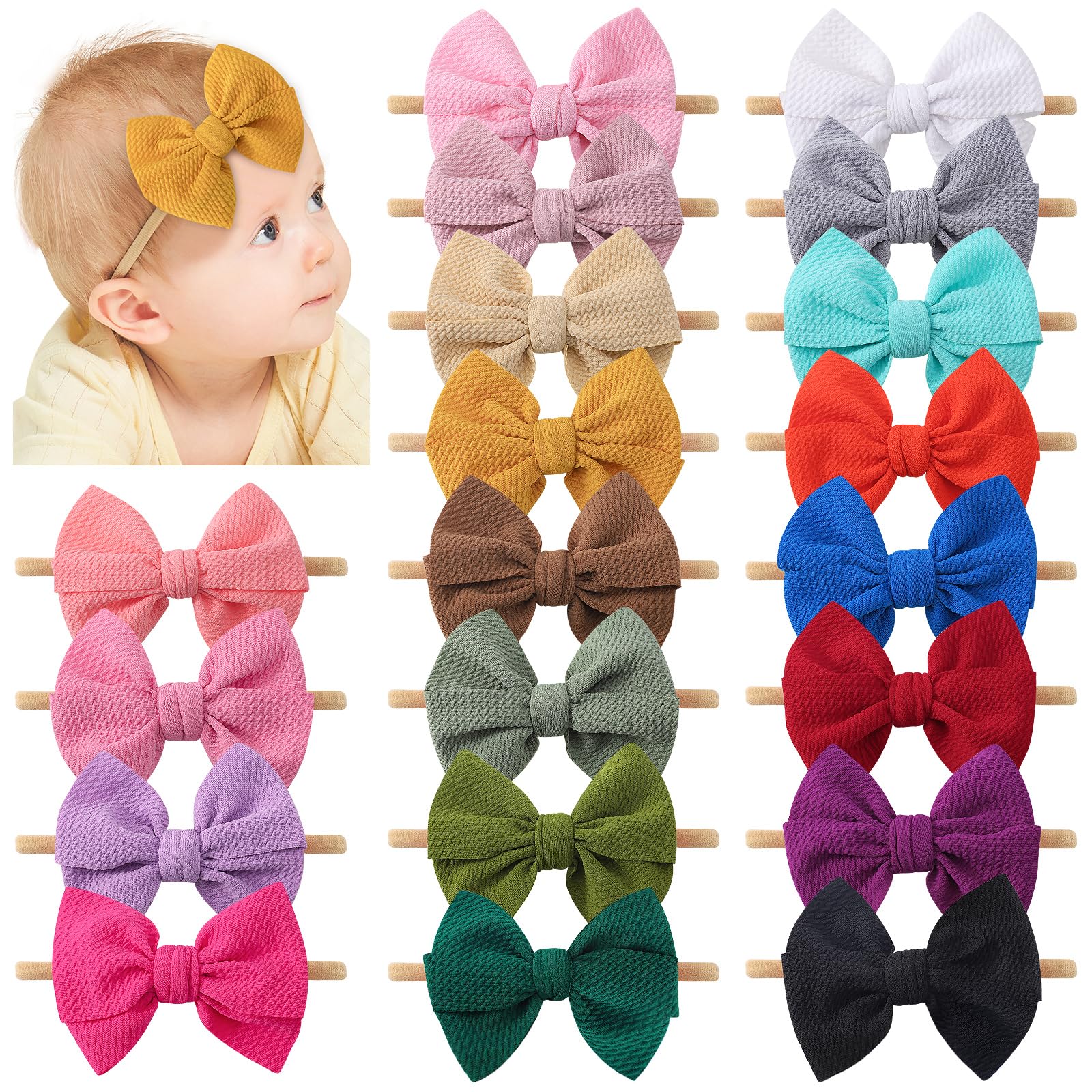 Yoyokid Hairband, 20 Pcs Baby Girls Nylon Headbands Super Soft Baby Hair Bands With Bows Elastic Hair Accessories For Newborn In