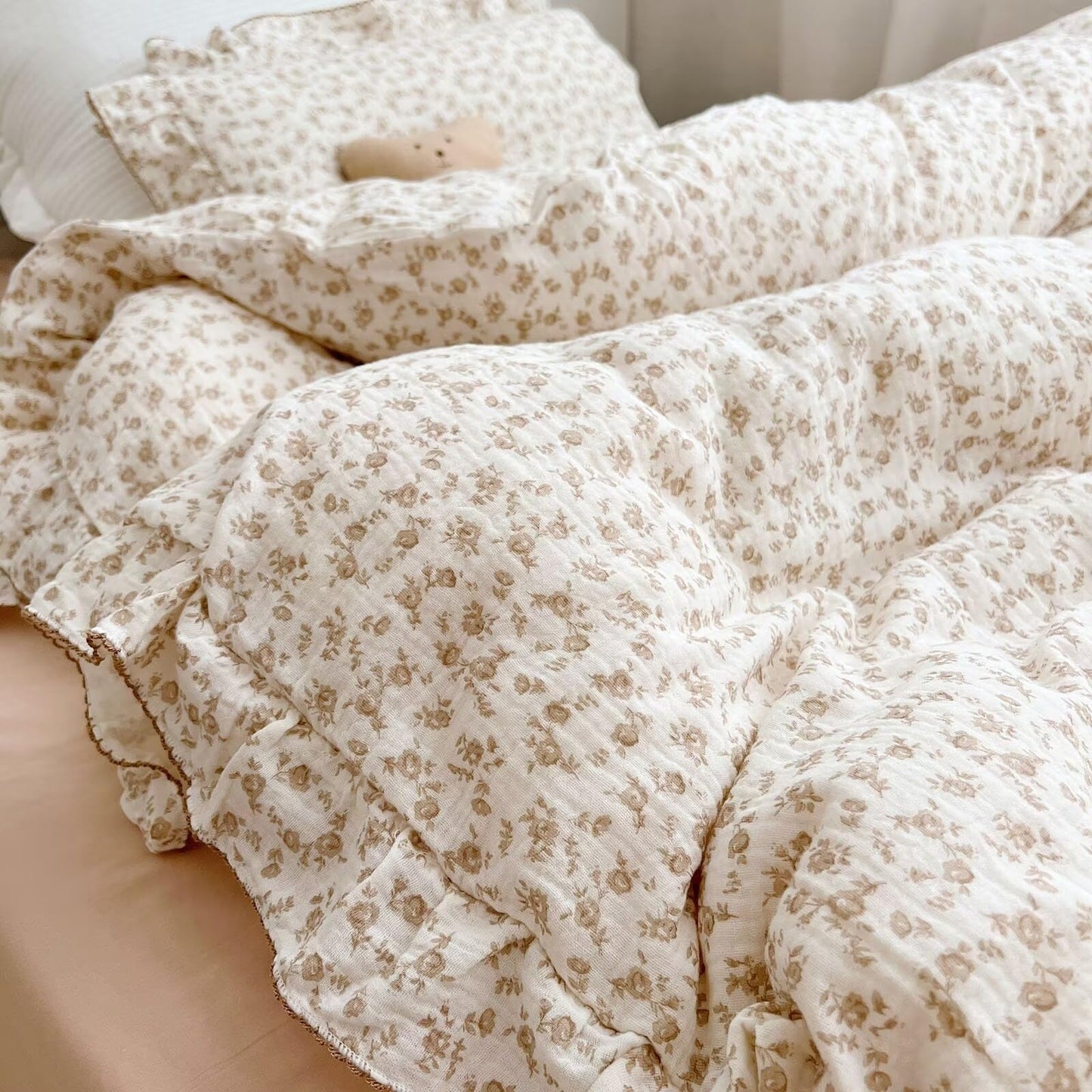 Bulutu Soft Cotton Muslin Duvet Cover Girls Kids Floral Duvet Cover Beige Crib Bedding Comforter Cover Quilt Cover, 47'X59', C